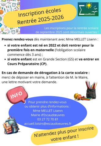 Inscriptions pour la rentrée scolaire 2025