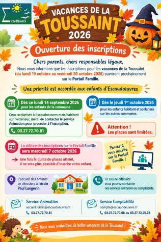 Inscriptions pour l'accueil des vacances de Toussaint
